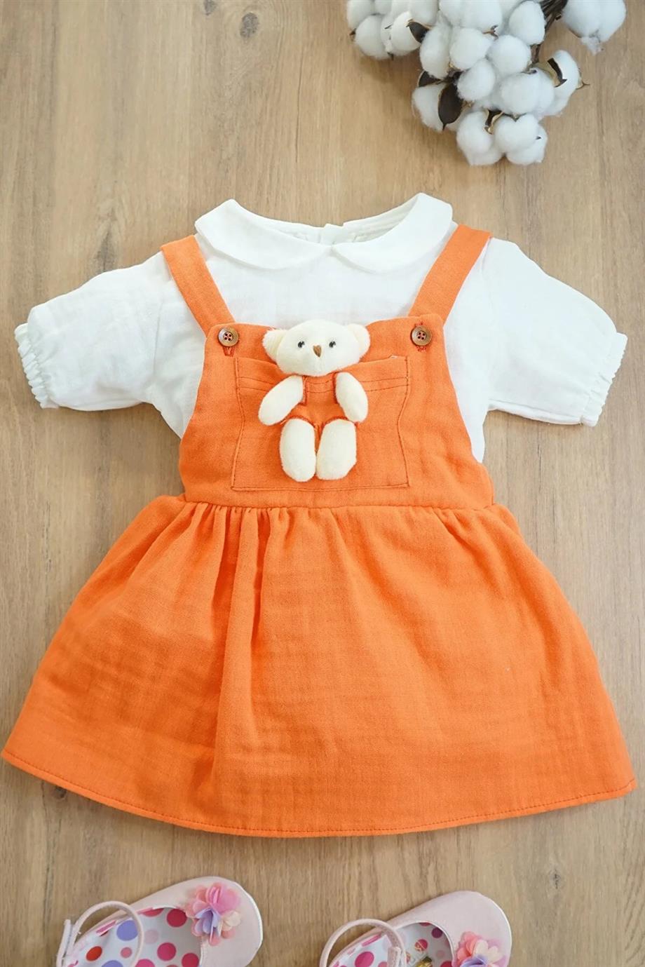 Kız Bebek Turuncu Kısa Kollu Müslin Bebe Yaka Elbise