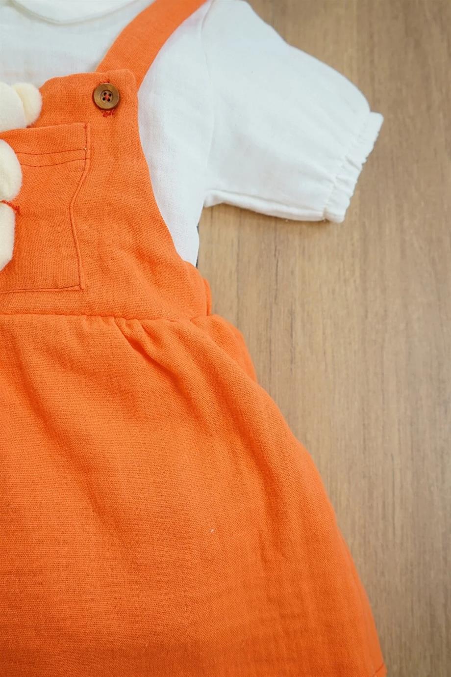 Kız Bebek Turuncu Kısa Kollu Müslin Bebe Yaka Elbise