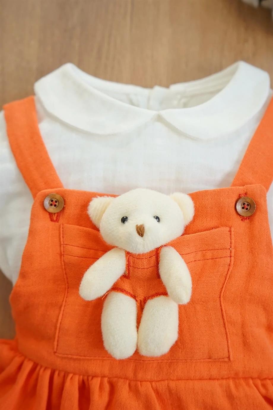 Kız Bebek Turuncu Kısa Kollu Müslin Bebe Yaka Elbise