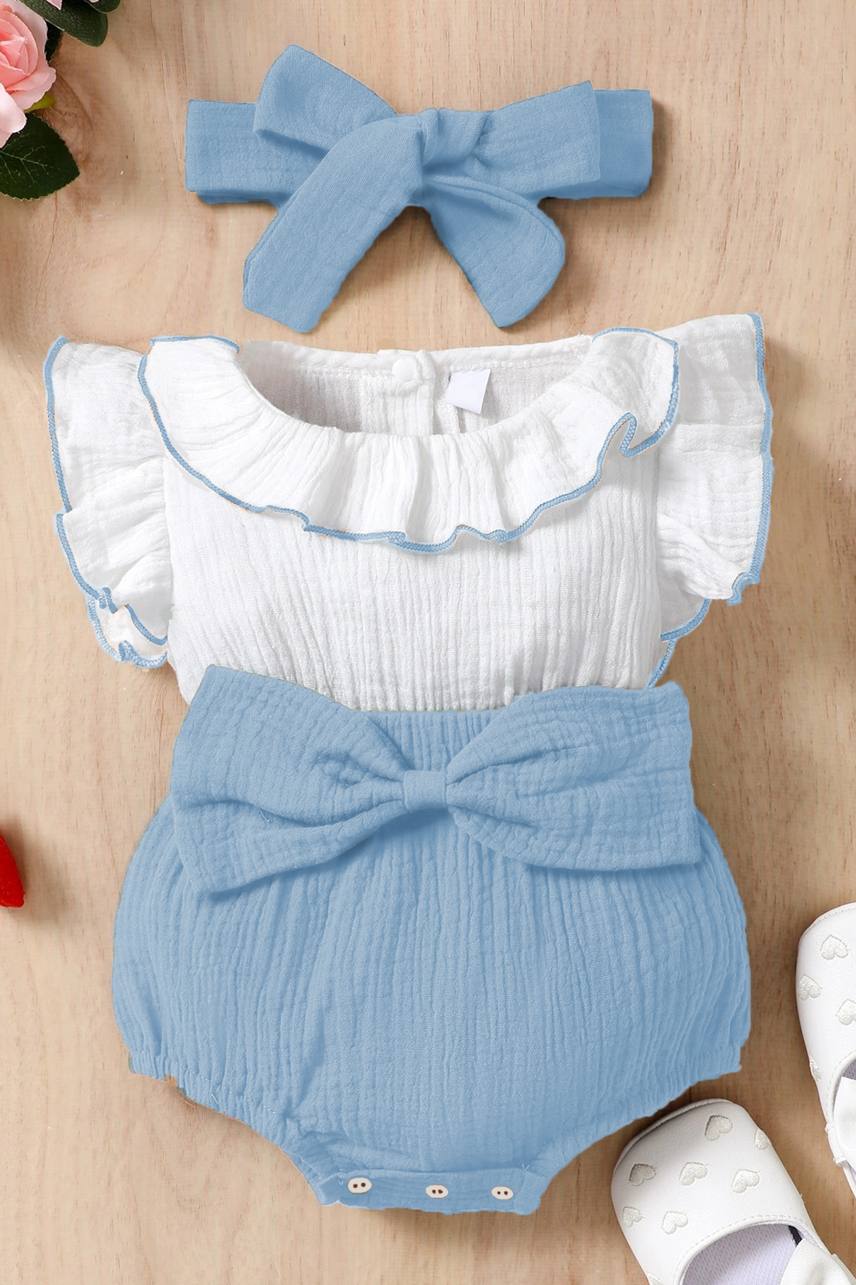 Kız Bebek Ve Çocuk Fiyonklu Fırfırlı Kolsuz Müslin Tulum