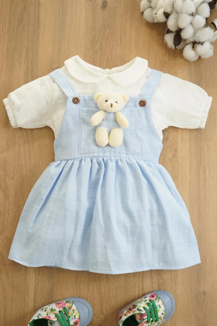 Kız Bebek ve Çocuk Kısa Kollu Ayıcıklı Müslin Elbise