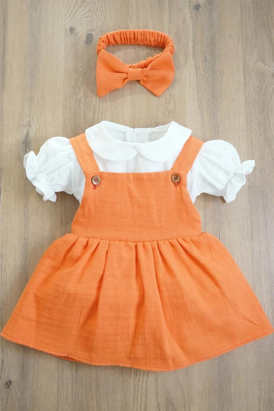 Kız Bebek ve Çocuk Turuncu Müslin Elbisesi