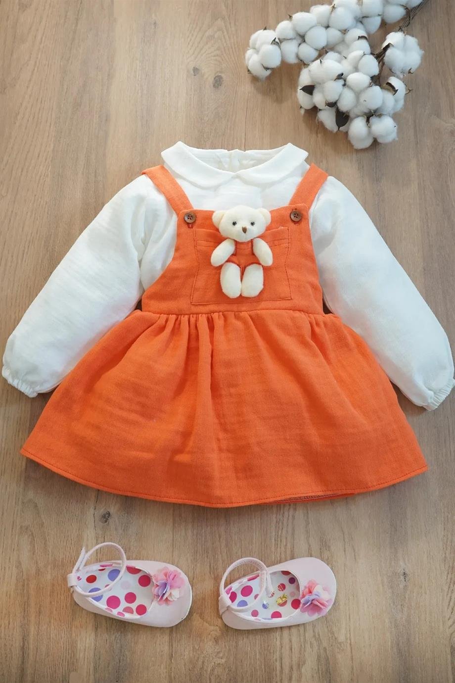 Kız Bebek ve Çocuk Uzun Kollu Oyuncak Ayıcıklı Müslin Elbise