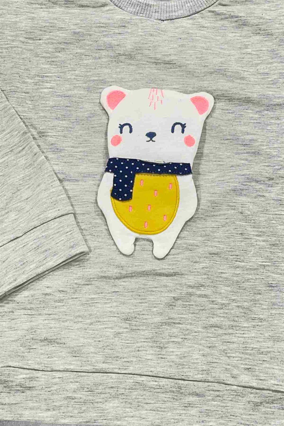 Kız Çocuk Gri Sevimli Hayvancık Kabartma Desenli Sweatshirt