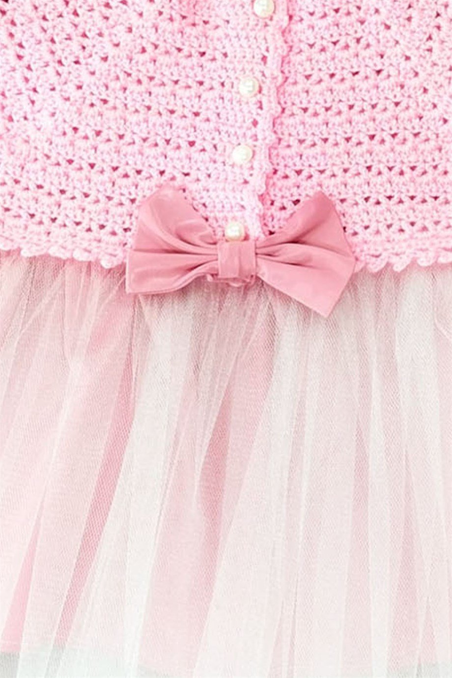 Kız Çocuk Pudra İnci Düğmeli Örgü Fiyonklu Kısa Kollu Elbise 