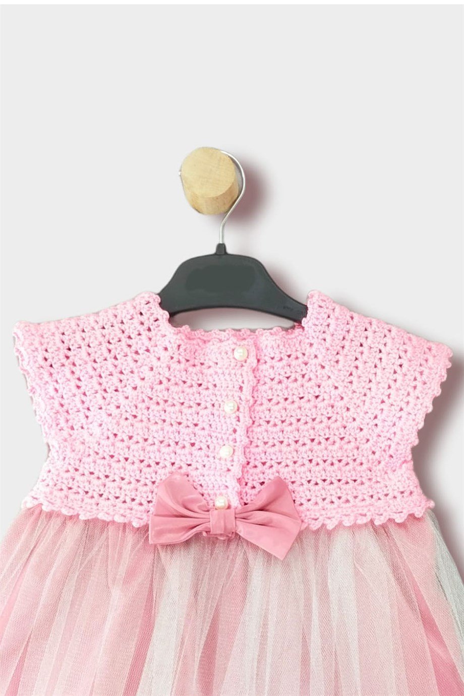 Kız Çocuk Pudra İnci Düğmeli Örgü Fiyonklu Kısa Kollu Elbise 