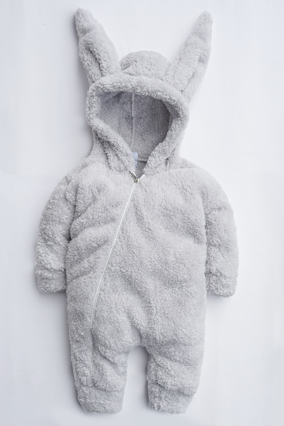 Kız Erkek Bebek Ve Çocuk Kapüşonlu Peluş Gri Tavşan Tulum