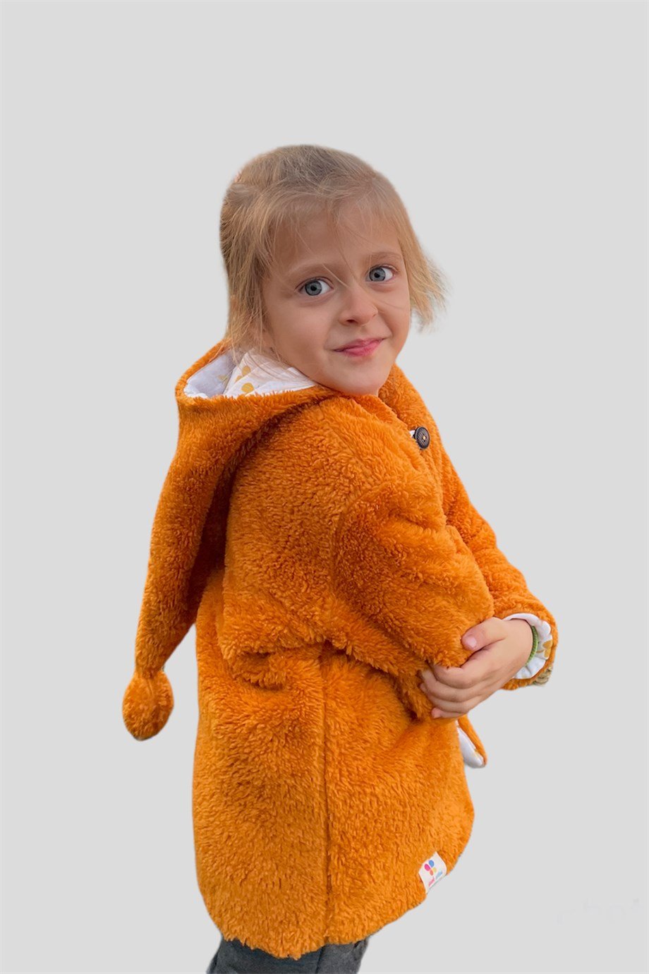 Peluş Kız Çocuk Tarçın Uzun Ponponlu Şapkalı Mont