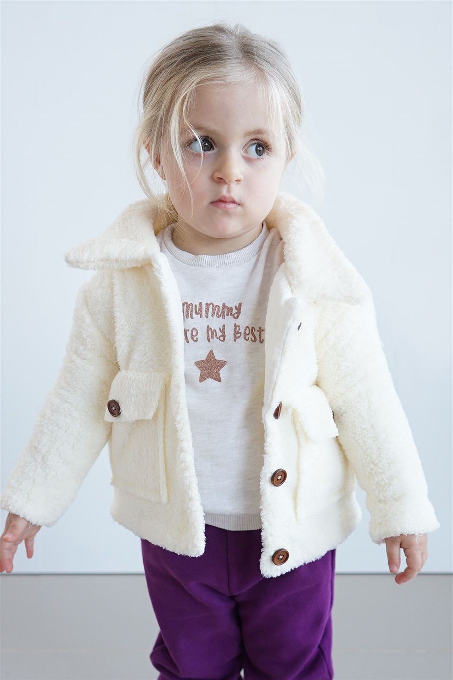 Peluş Kız Çocuk Yüzde Yüz Pamuk Müslin İç Astar Düğmeli Welsoft Mont