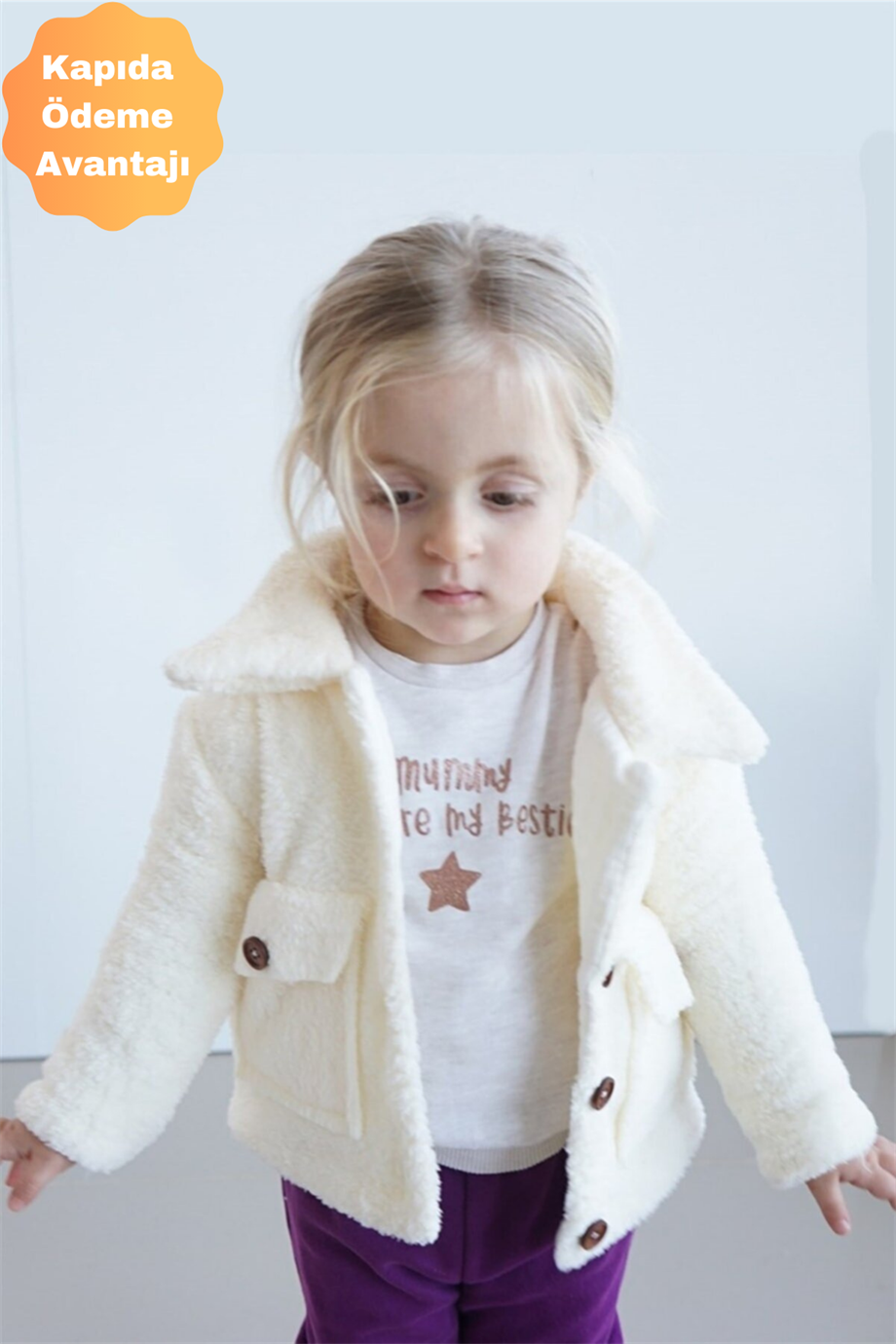 Peluş Kız Çocuk Yüzde Yüz Pamuk Müslin İç Astar Düğmeli Welsoft Mont