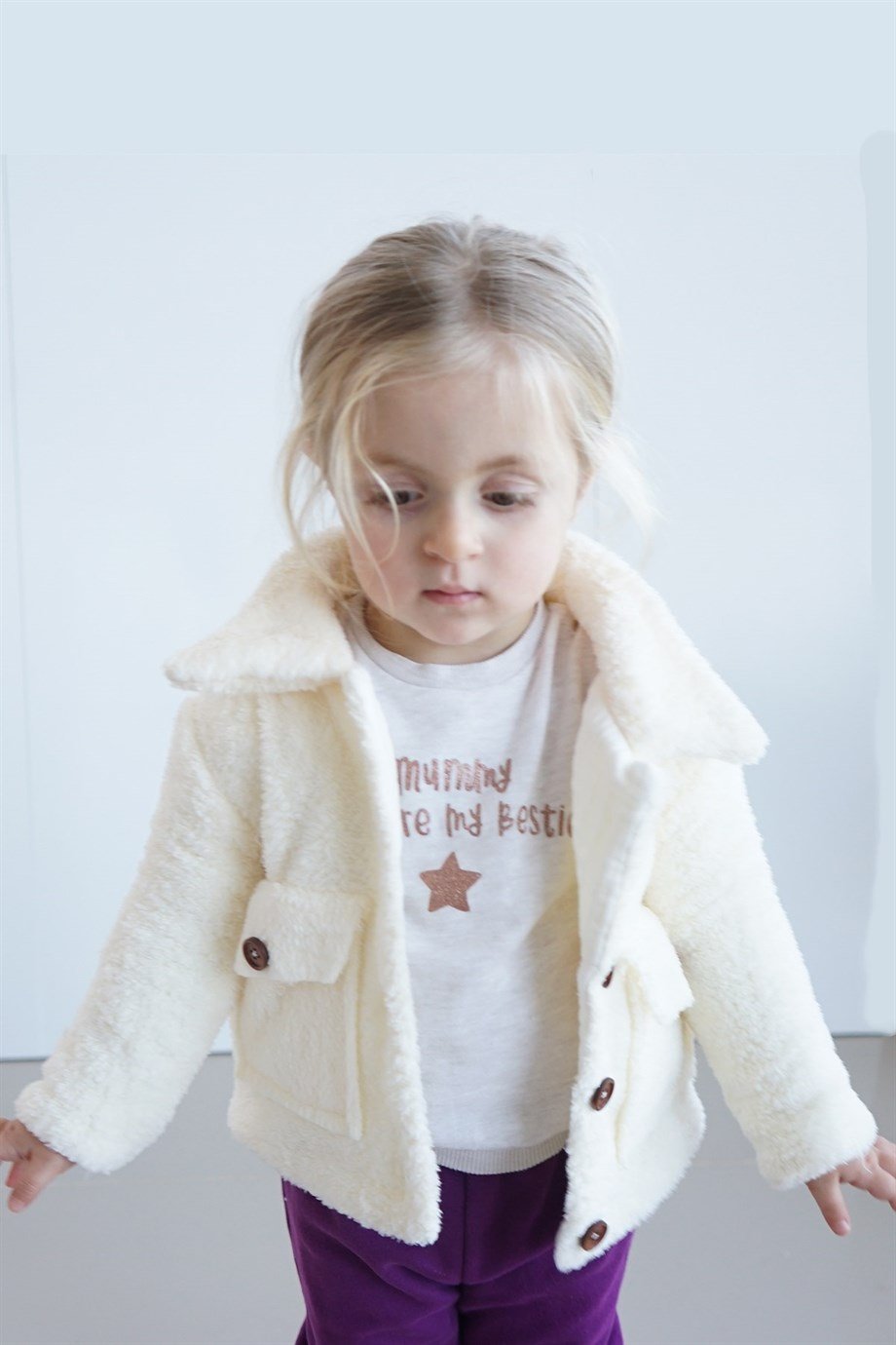 Peluş Kız Çocuk Yüzde Yüz Pamuk Müslin İç Astar Düğmeli Welsoft Mont