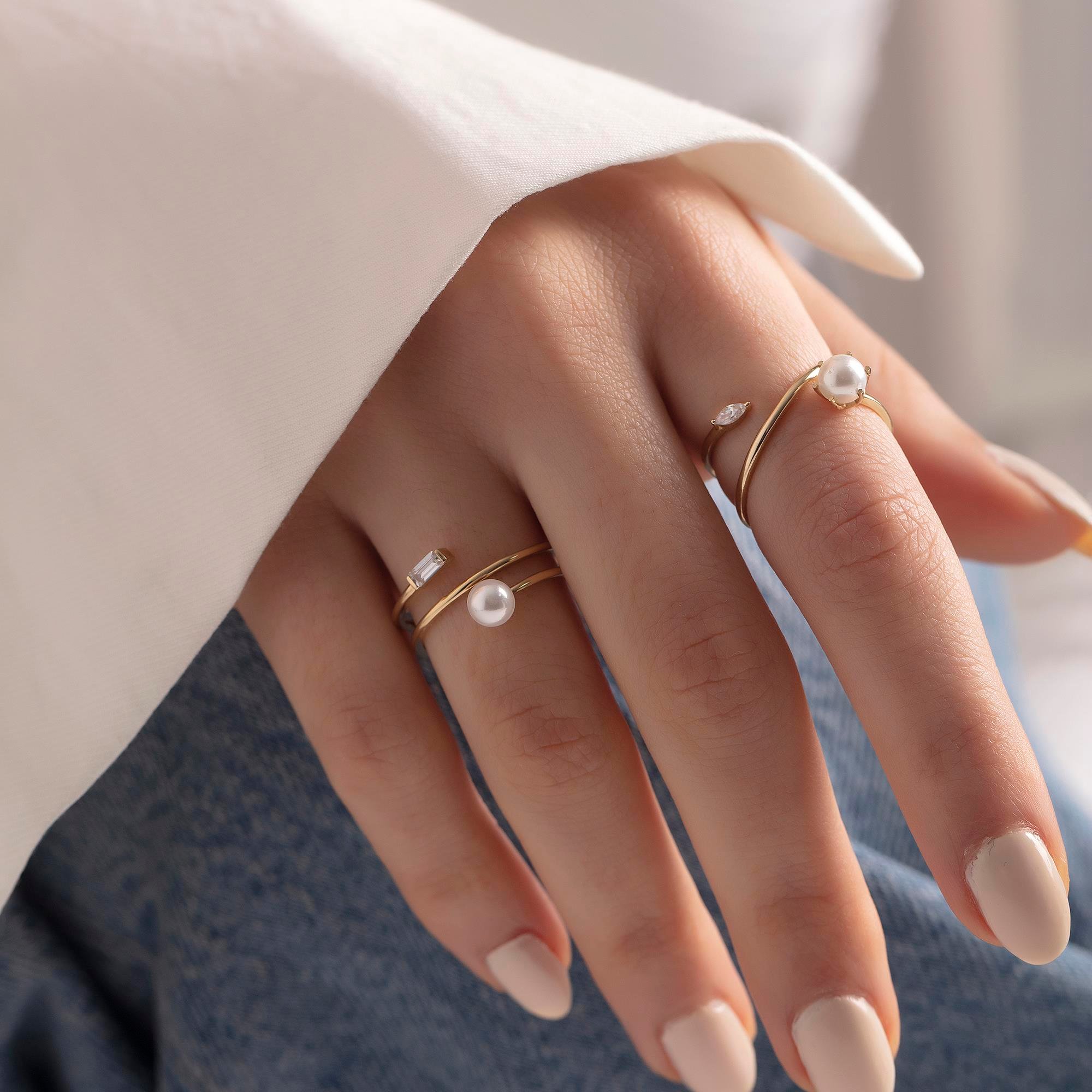 14 Ayar Altın İncili Yüzük