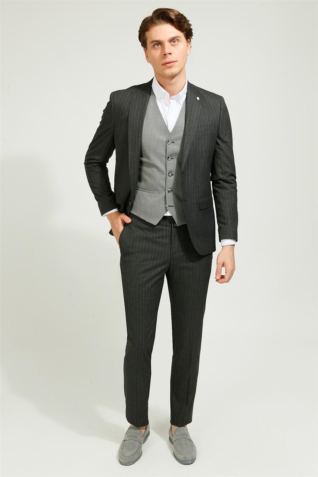 Antrasit Slim Fit 6 Drop Kombin Yelekli Takım Elbise