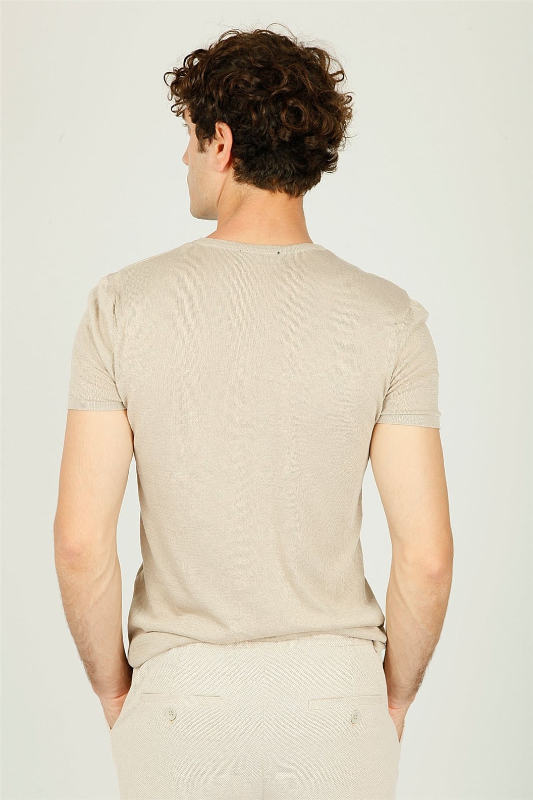 Bej Bisiklet Yaka Comfort Fit Triko T-shirt