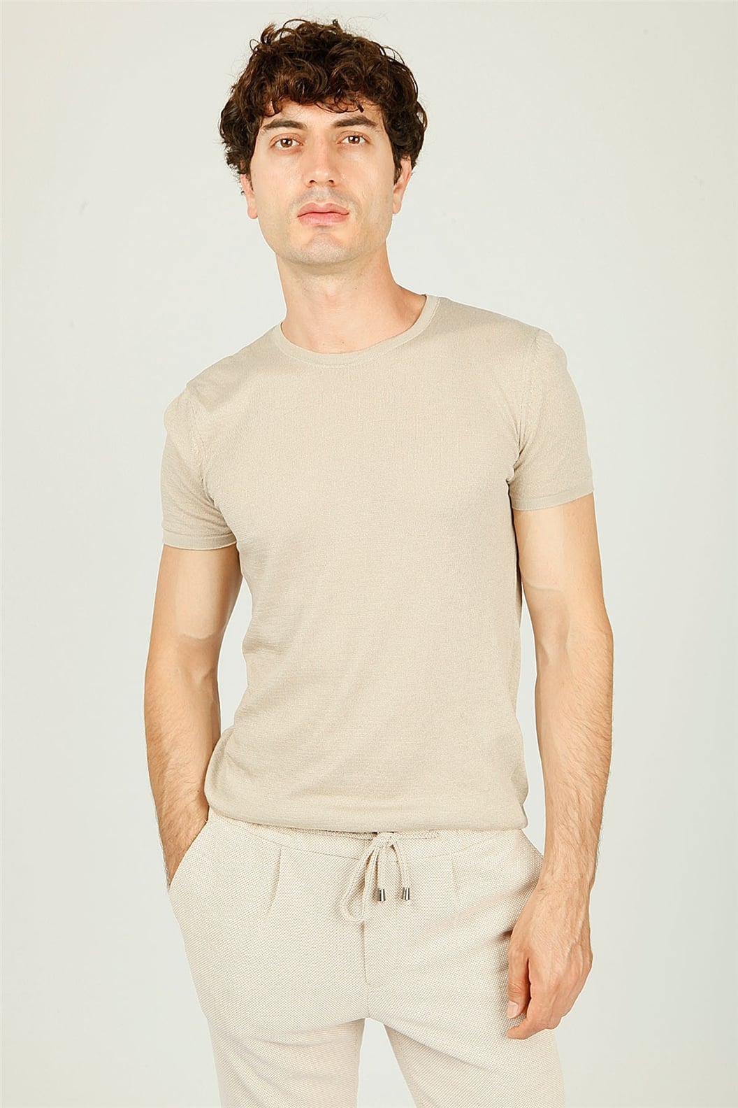 Bej Bisiklet Yaka Comfort Fit Triko T-shirt