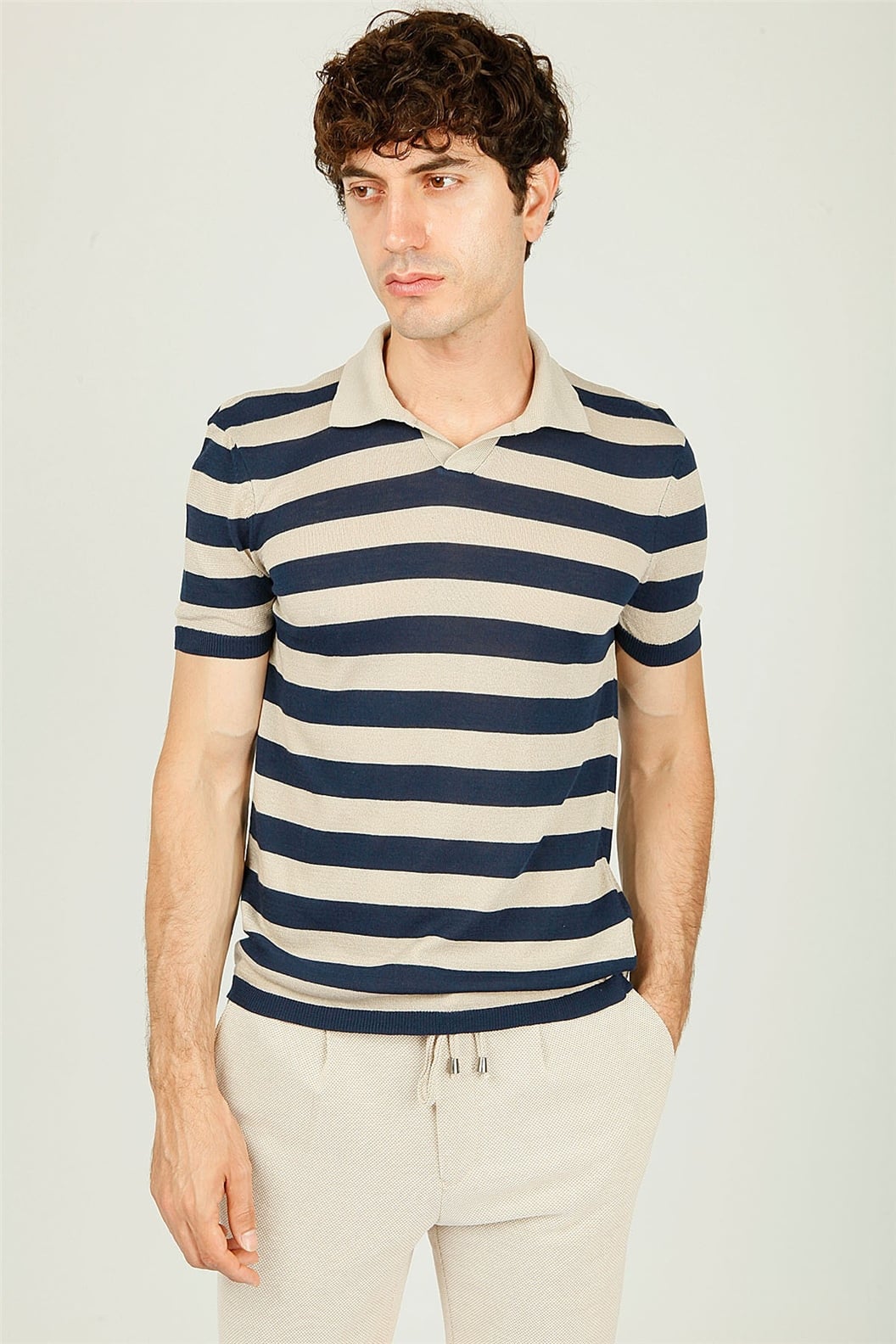 Bej - Lacivert Polo Yaka Triko T-Shırt