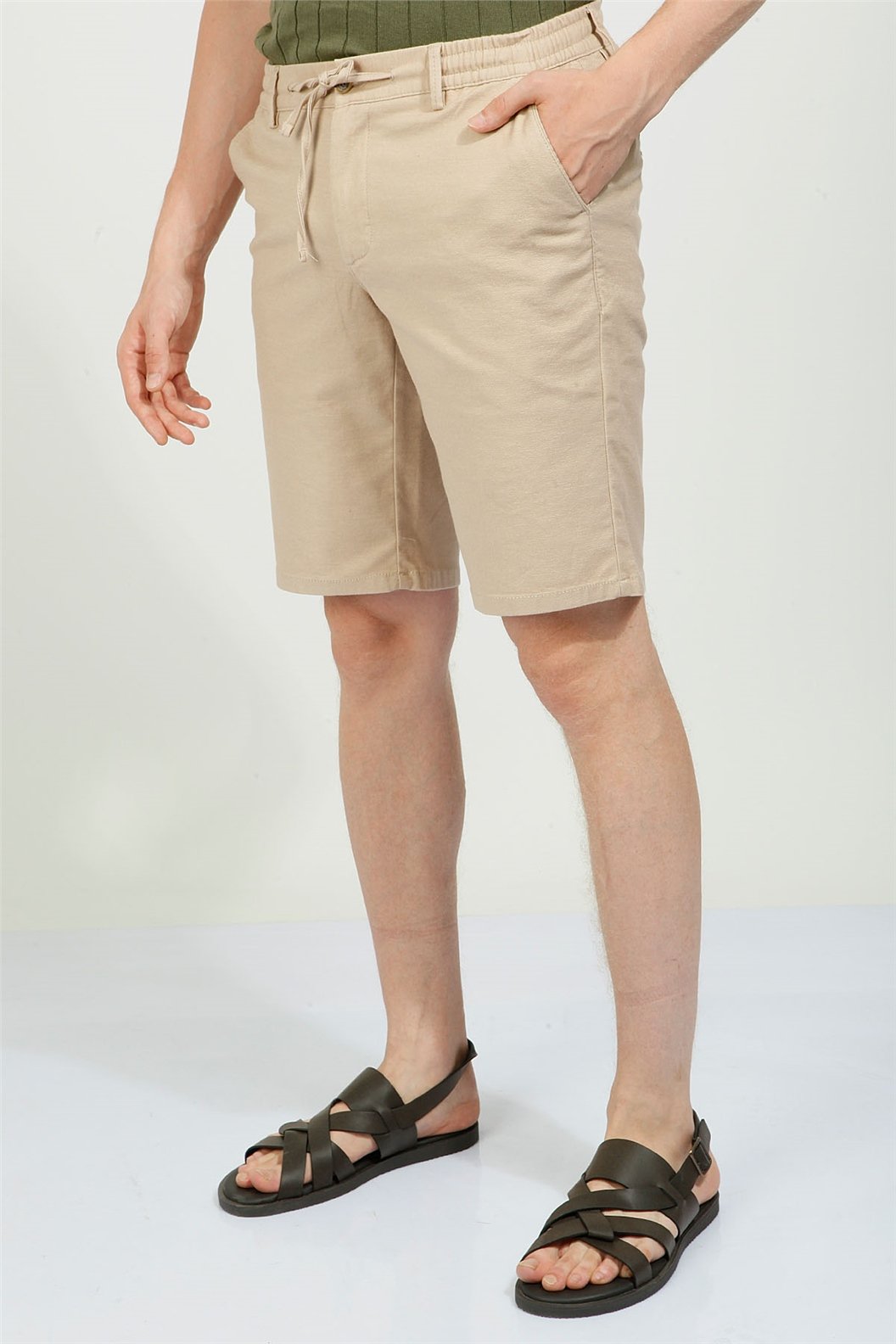 Bej Slim Fit Bermuda Şort