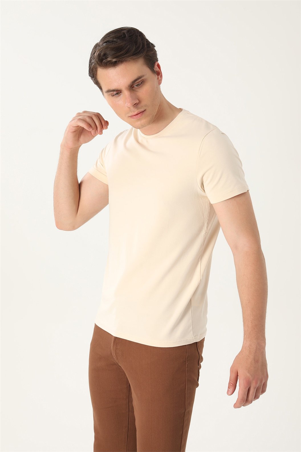 Bej Slim Fit Bisiklet Yaka Basic T-Shirt