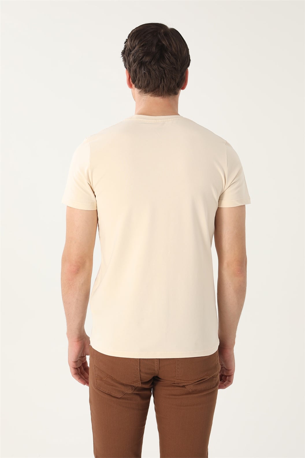 Bej Slim Fit Bisiklet Yaka Basic T-Shirt