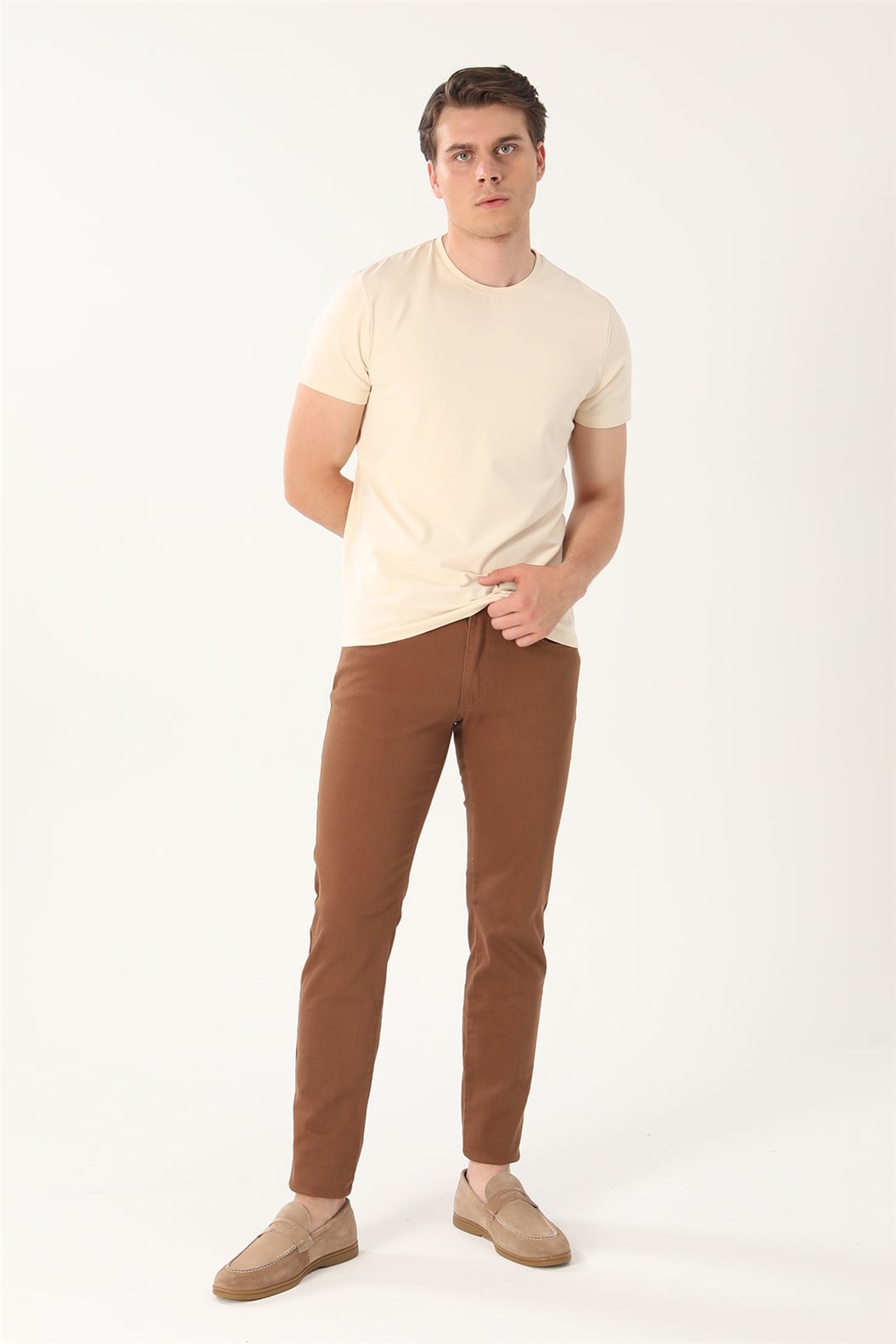 Bej Slim Fit Bisiklet Yaka Basic T-Shirt