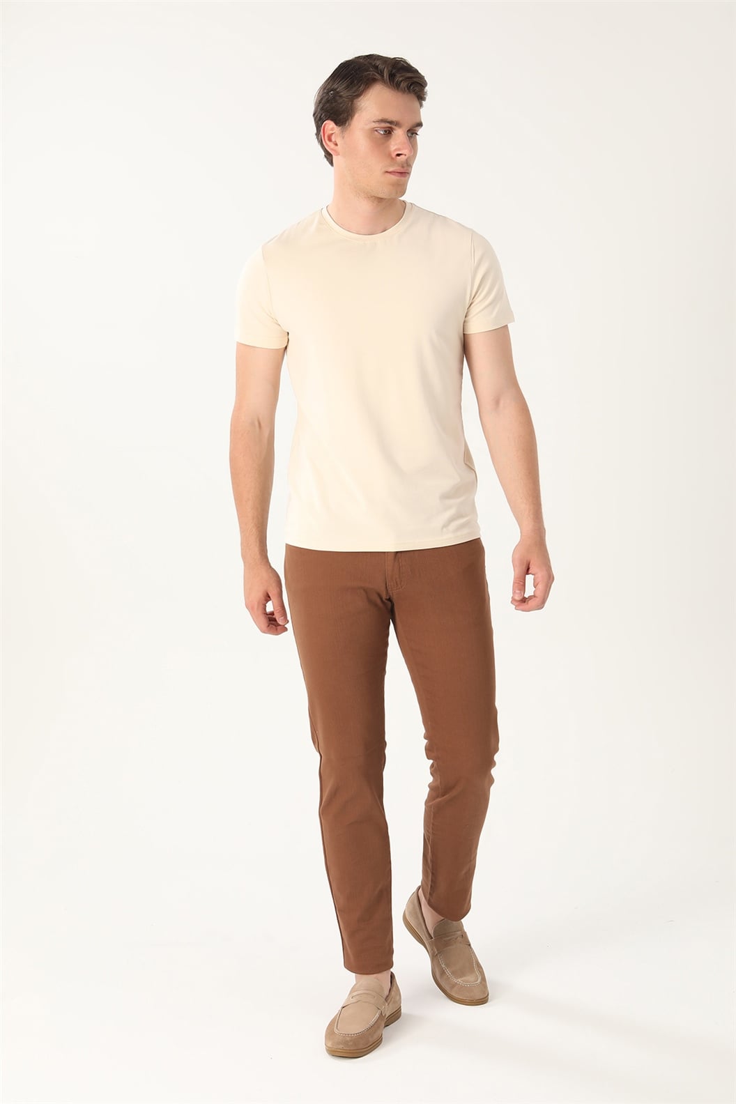 Bej Slim Fit Bisiklet Yaka Basic T-Shirt