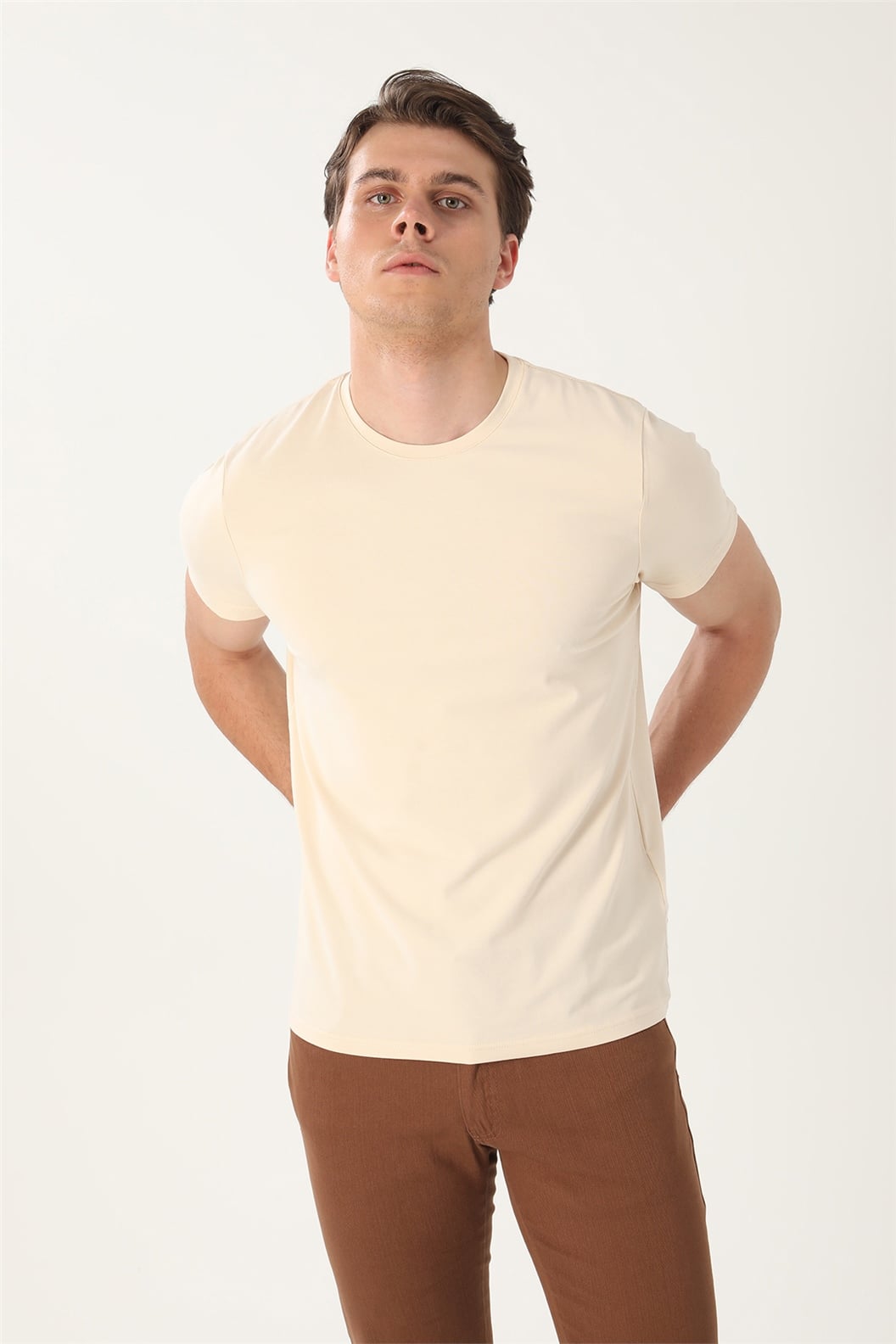 Bej Slim Fit Bisiklet Yaka Basic T-Shirt