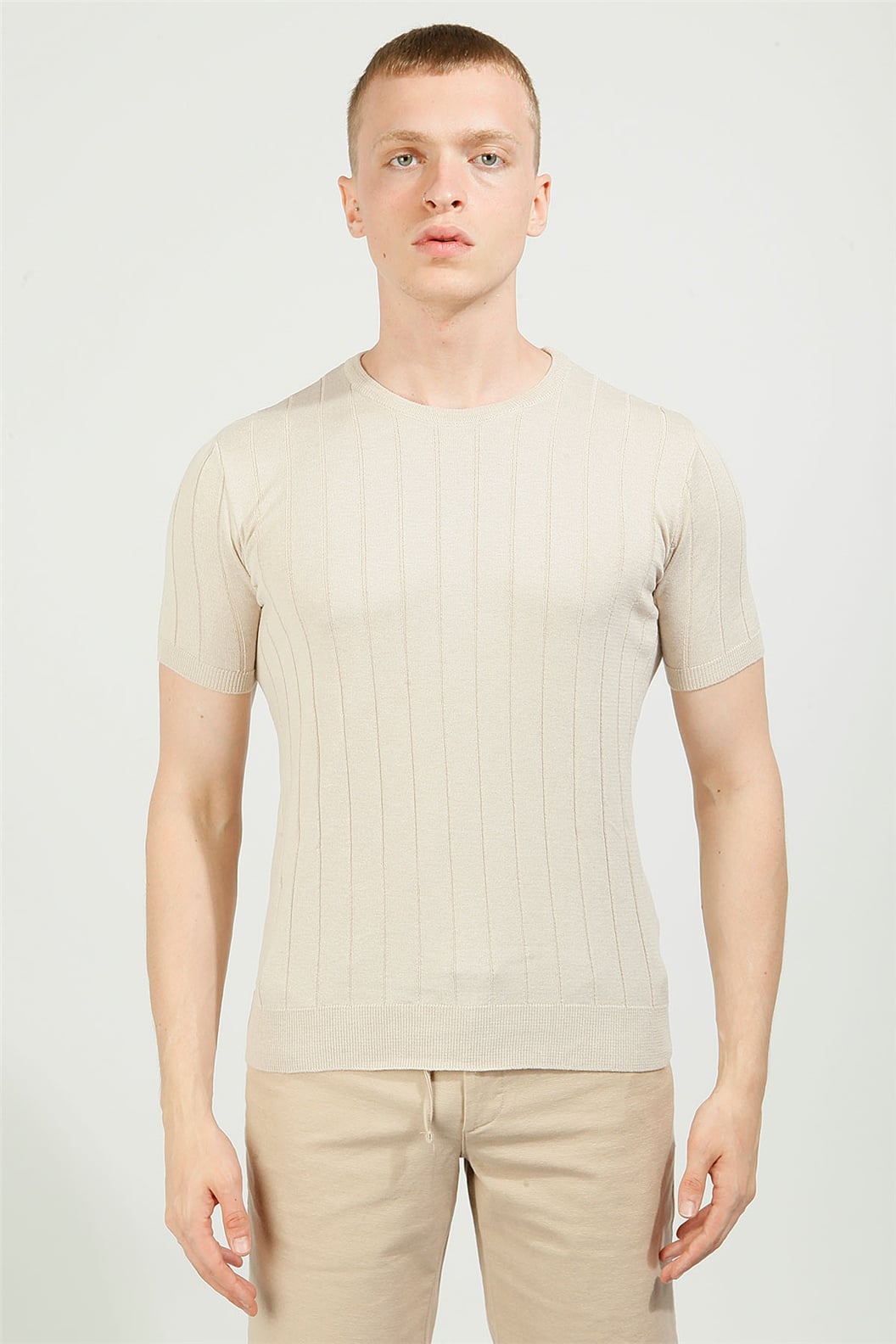 Bej Slim Fit Bisiklet Yaka Triko T-Shirt