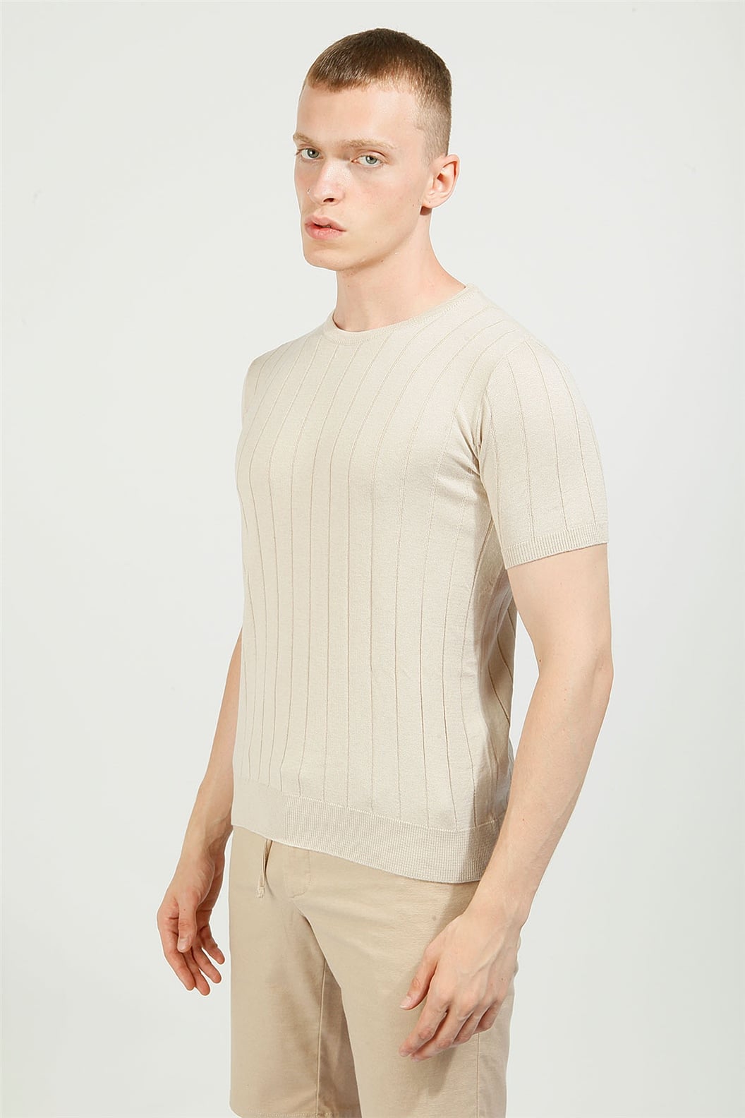 Bej Slim Fit Bisiklet Yaka Triko T-Shirt