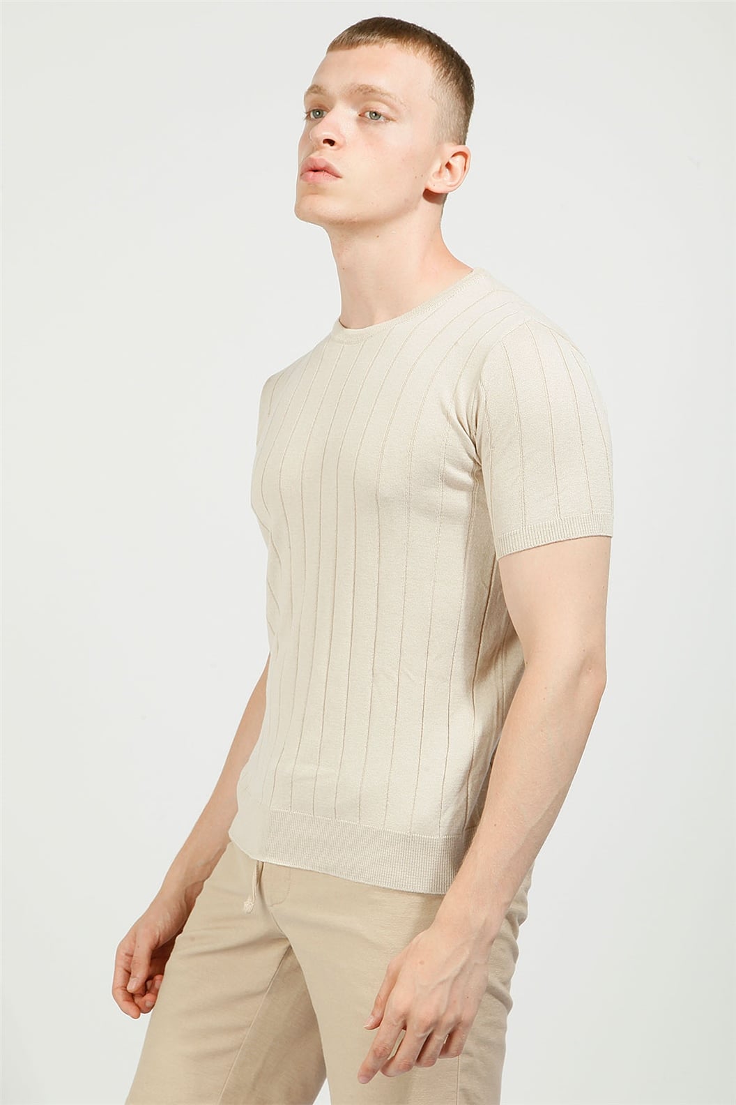 Bej Slim Fit Bisiklet Yaka Triko T-Shirt