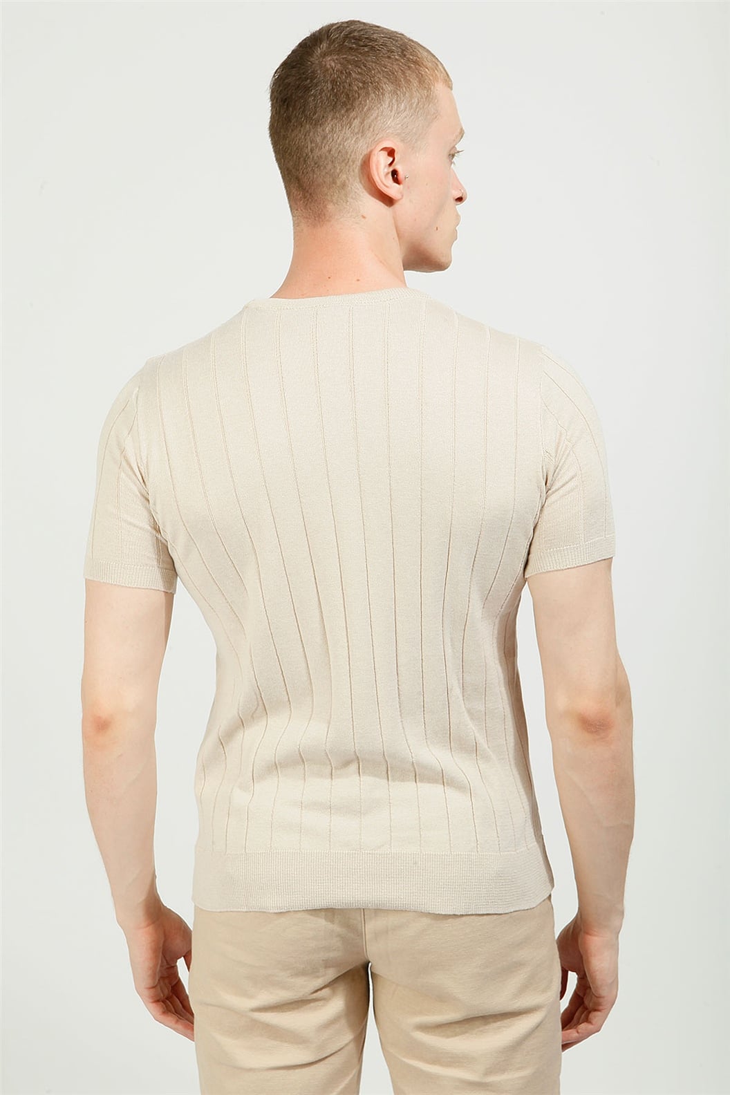 Bej Slim Fit Bisiklet Yaka Triko T-Shirt