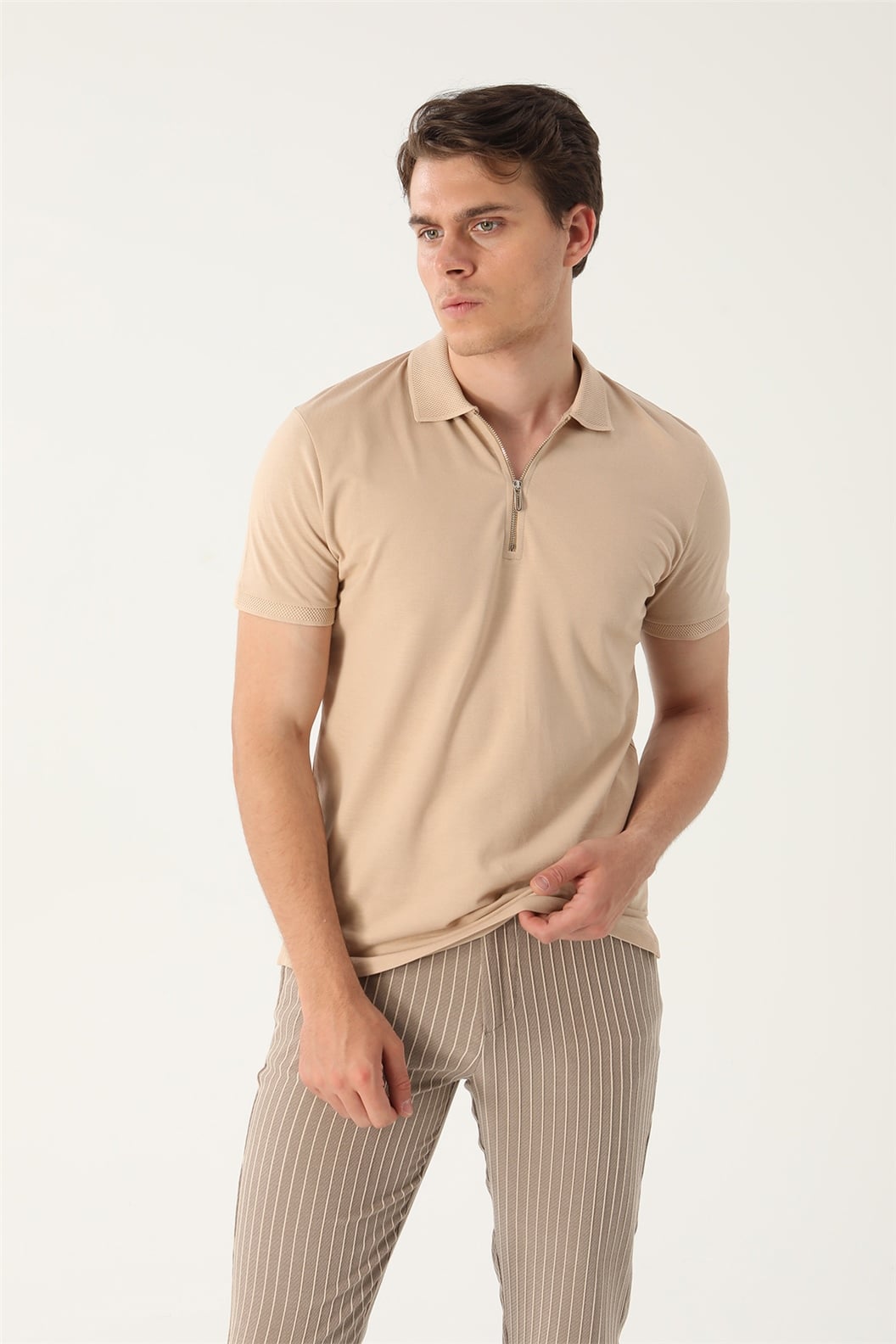Bej Slim Fit Polo Yaka T-Shirt