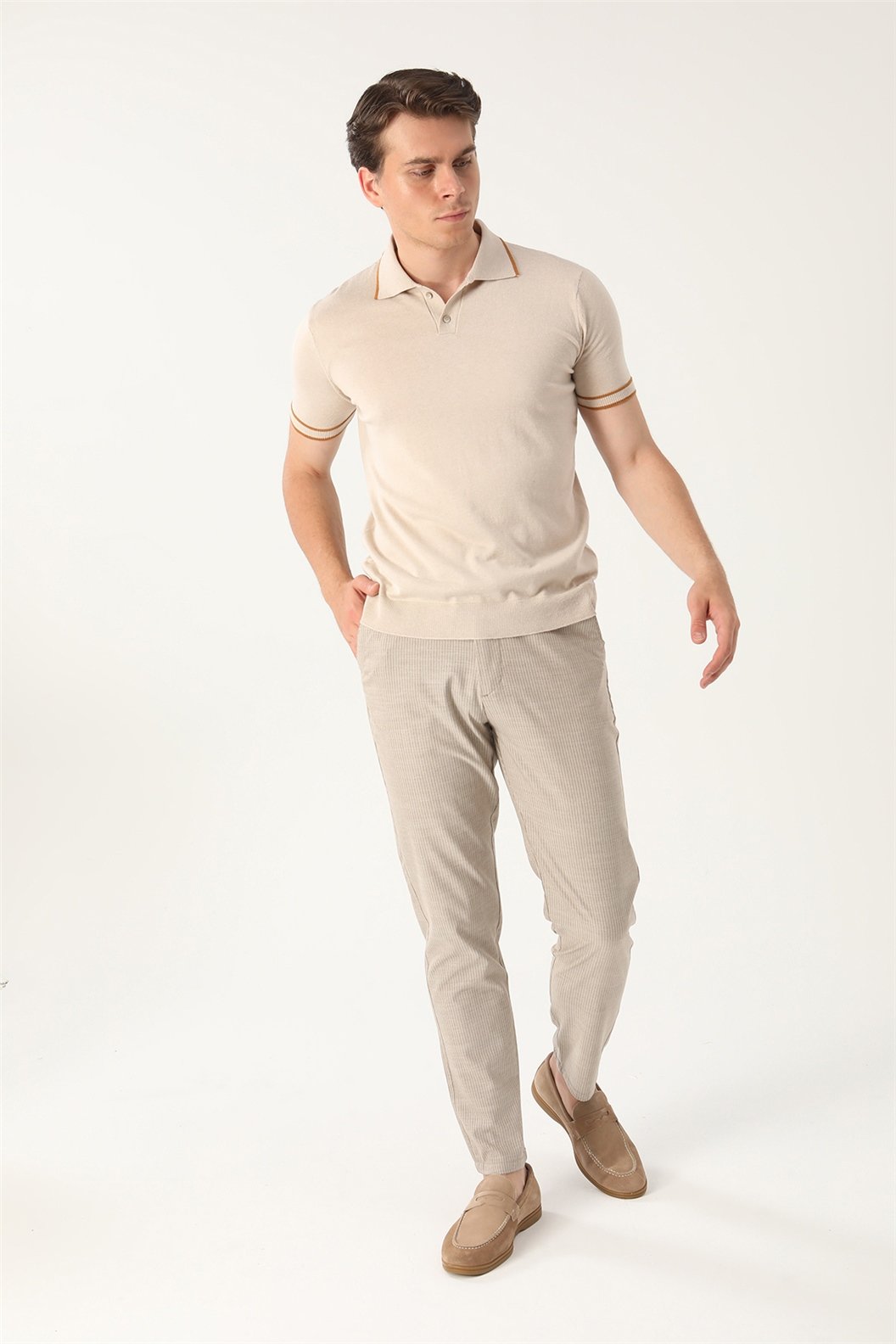 Bej Slim Fit Polo Yaka T-Shirt