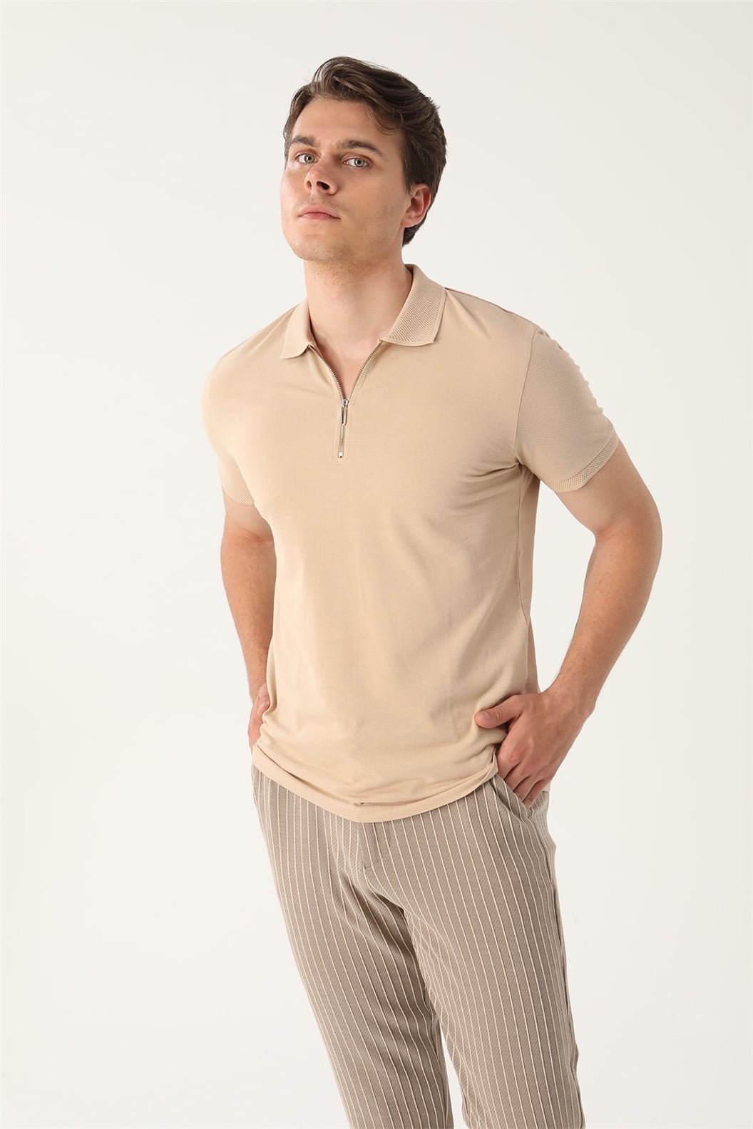 Bej Slim Fit Polo Yaka T-Shirt