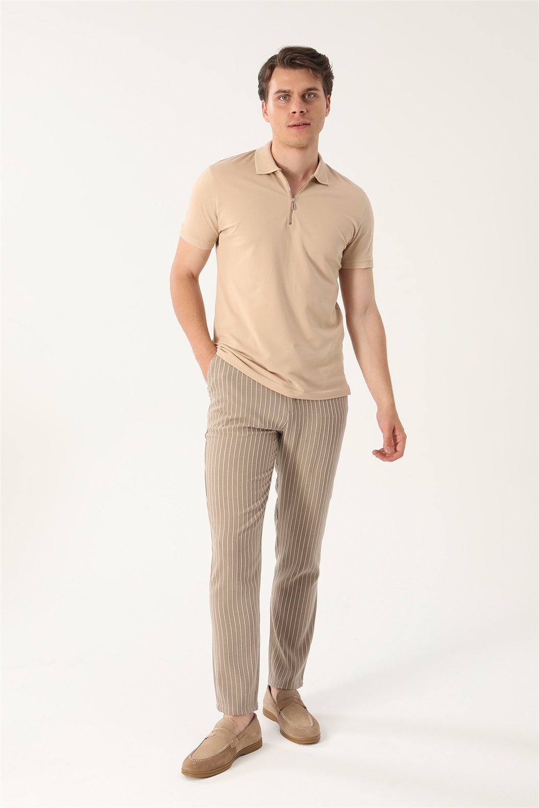 Bej Slim Fit Polo Yaka T-Shirt