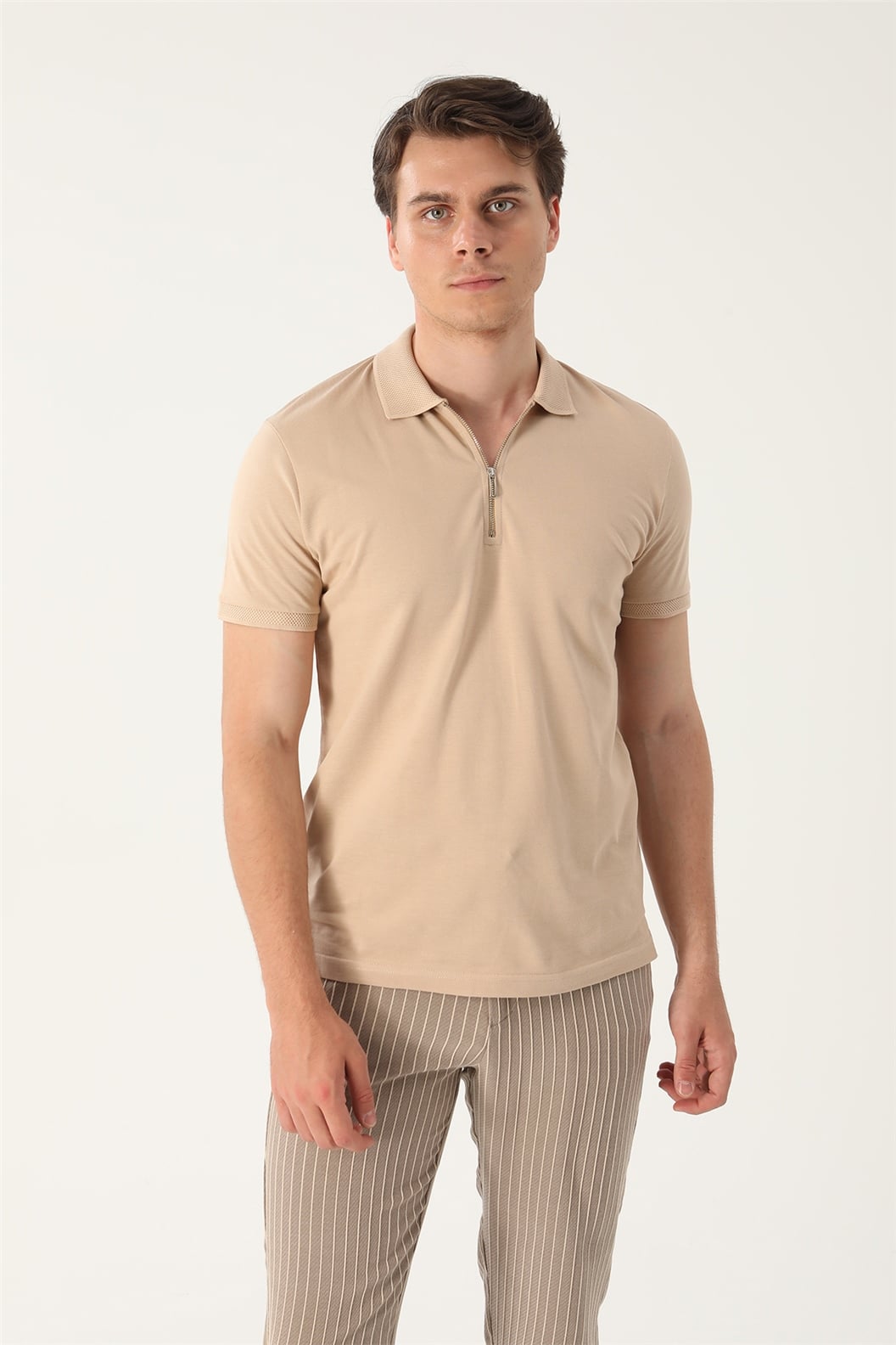 Bej Slim Fit Polo Yaka T-Shirt