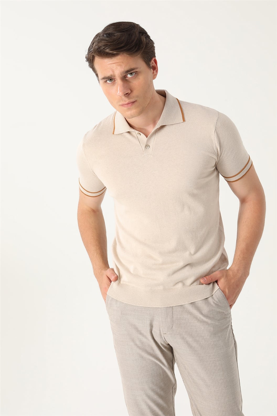 Bej Slim Fit Polo Yaka T-Shirt