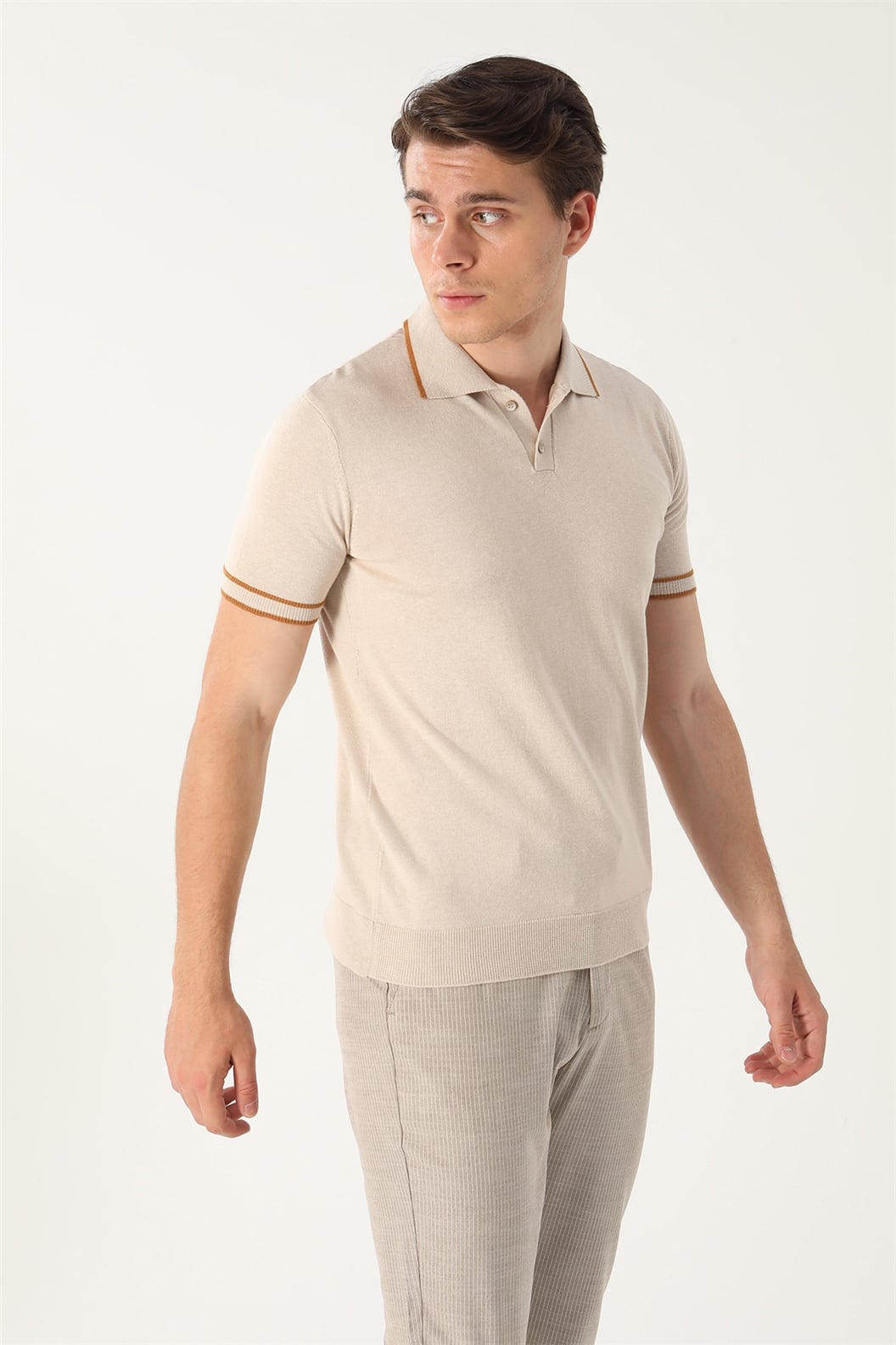 Bej Slim Fit Polo Yaka T-Shirt