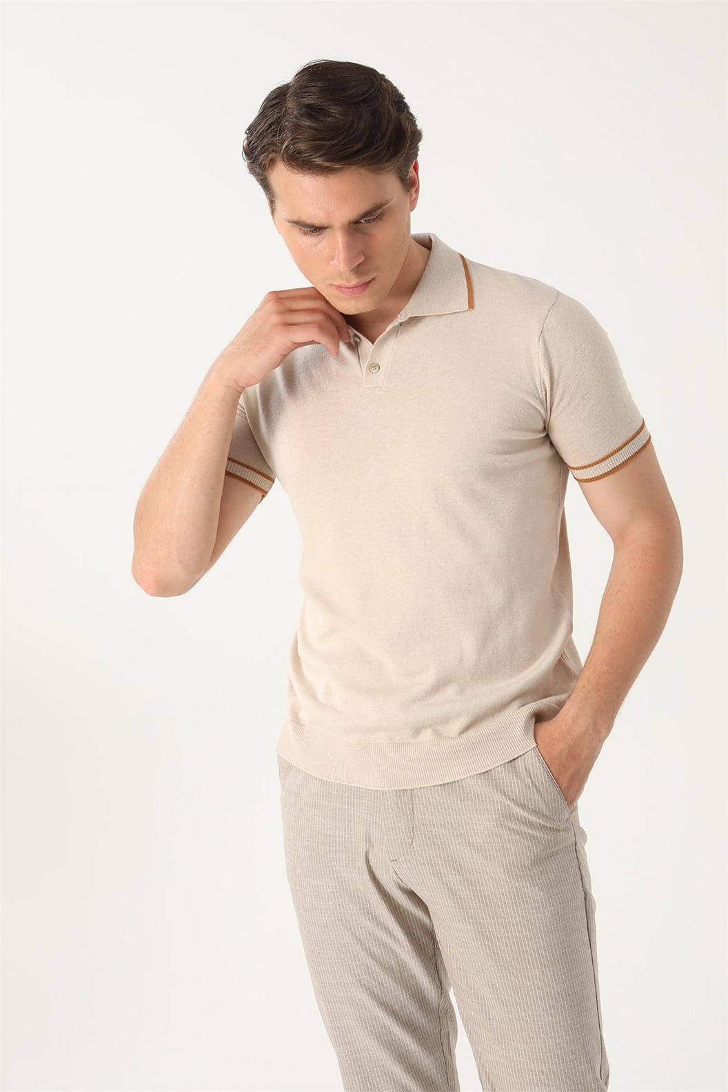 Bej Slim Fit Polo Yaka T-Shirt