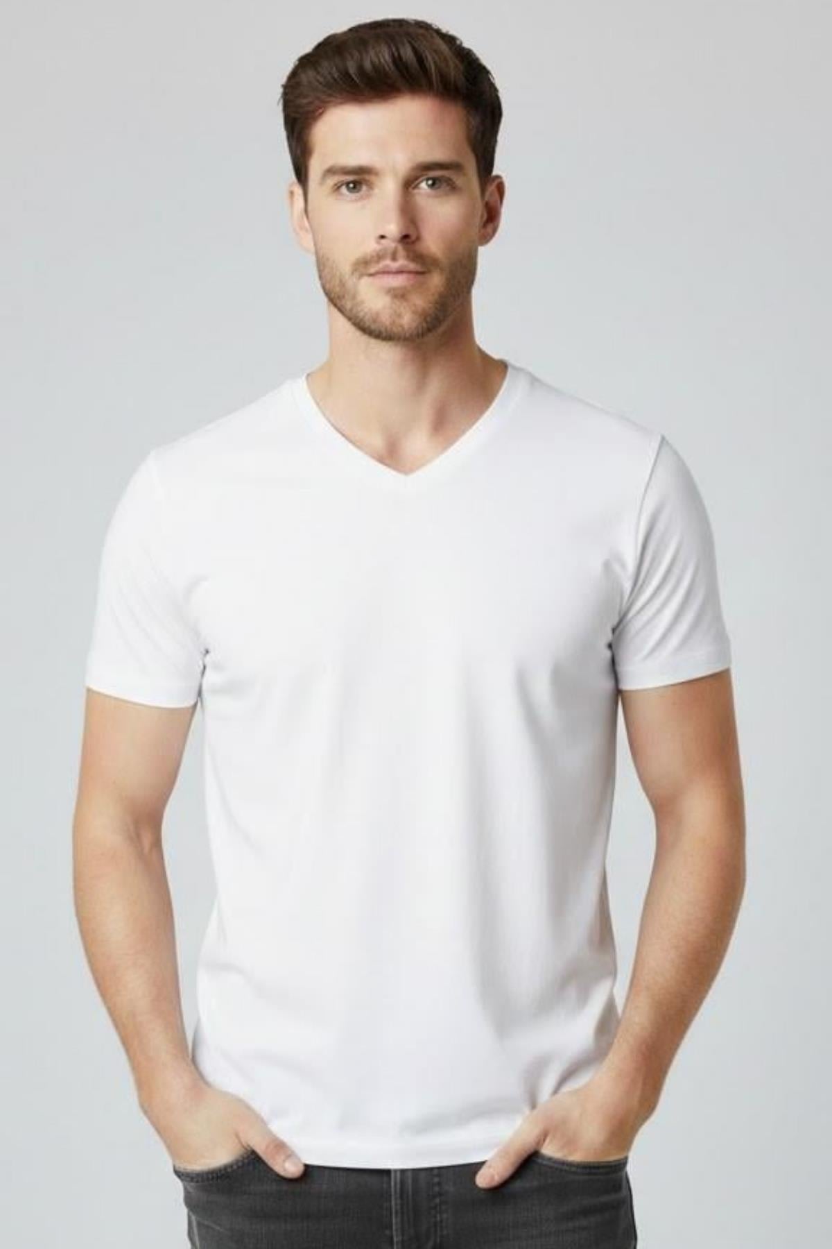 BEYAZ Comfort Fit V Yaka Basic T-Shirt
