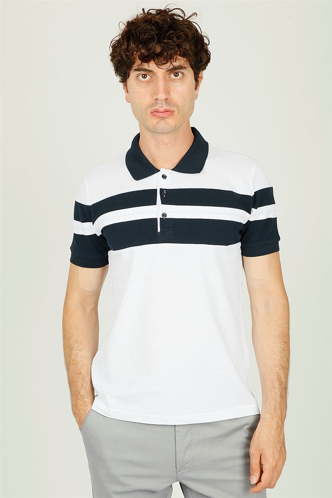 Beyaz - Lacivert Polo Yaka Comfort Fit T-shirt