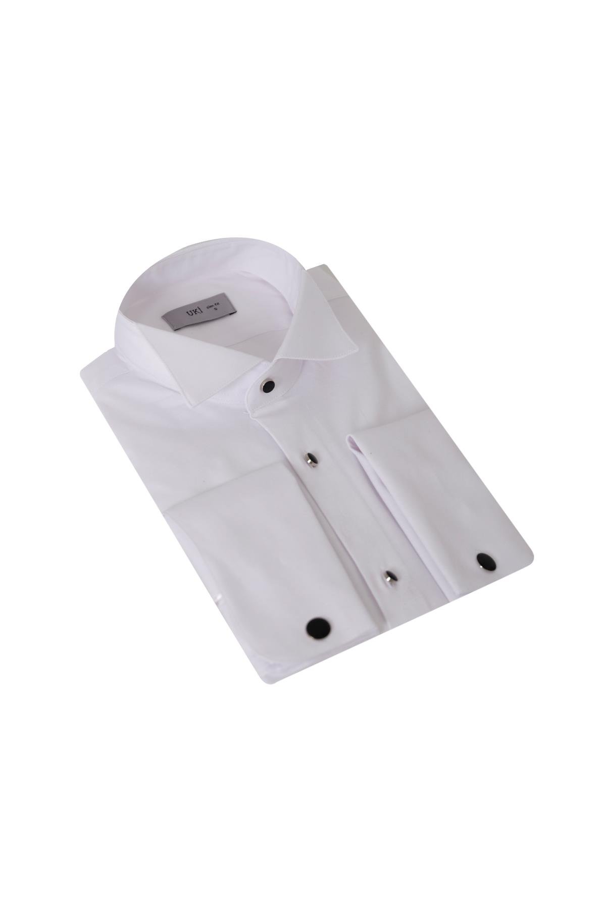 BEYAZ Slim Fit Ata Yaka Smokin Gömlek