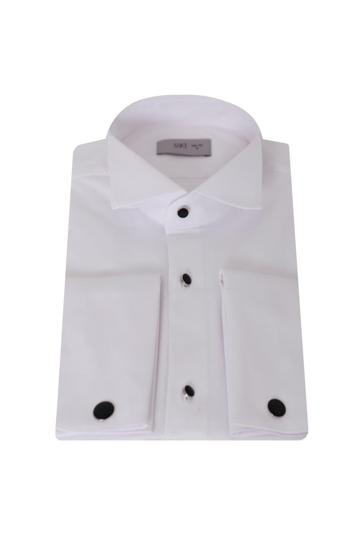 BEYAZ Slim Fit Ata Yaka Smokin Gömlek