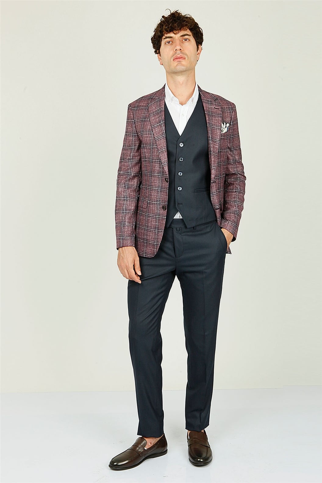 Bordo Ekose Yelekli Comfort Fit Takım Elbise