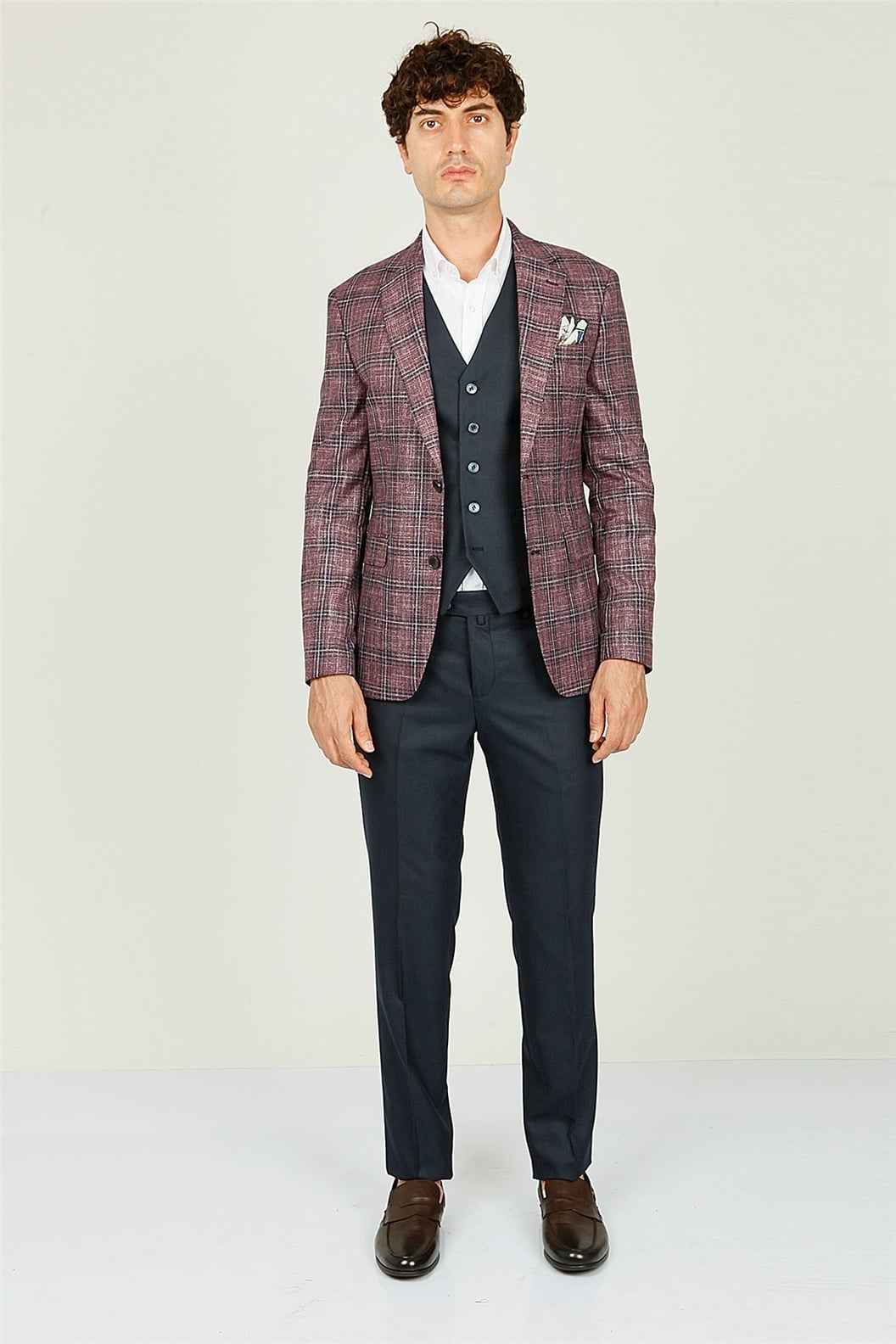 Bordo Ekose Yelekli Comfort Fit Takım Elbise