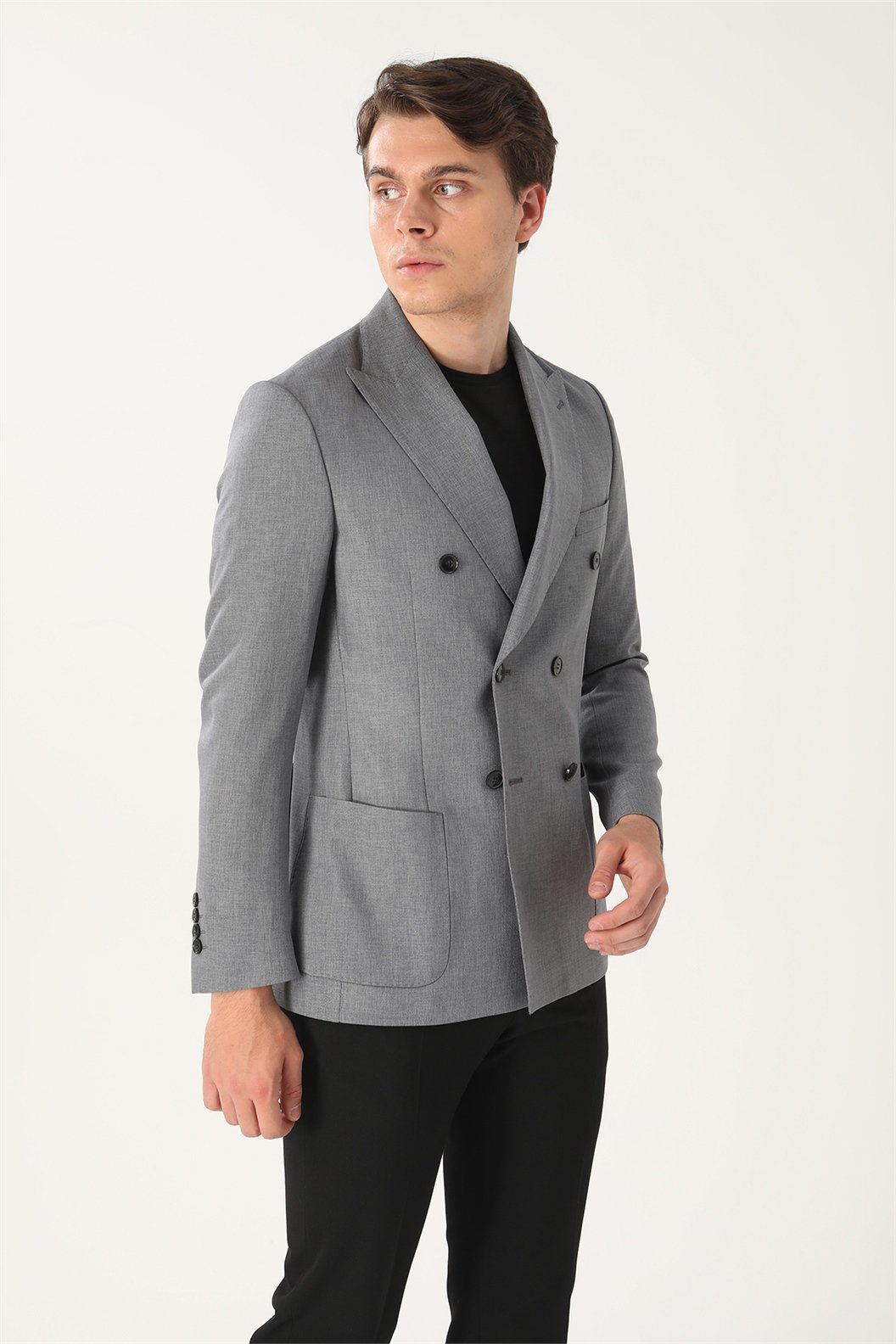 Gri Comfort Fit 6 Drop Kruvaze Ceket