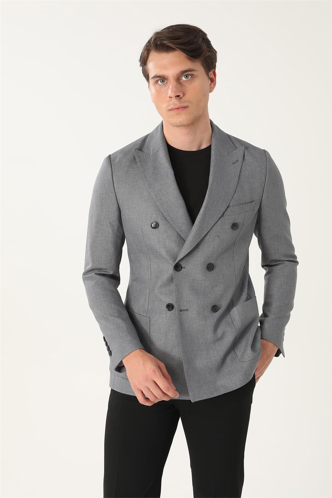 Gri Comfort Fit 6 Drop Kruvaze Ceket