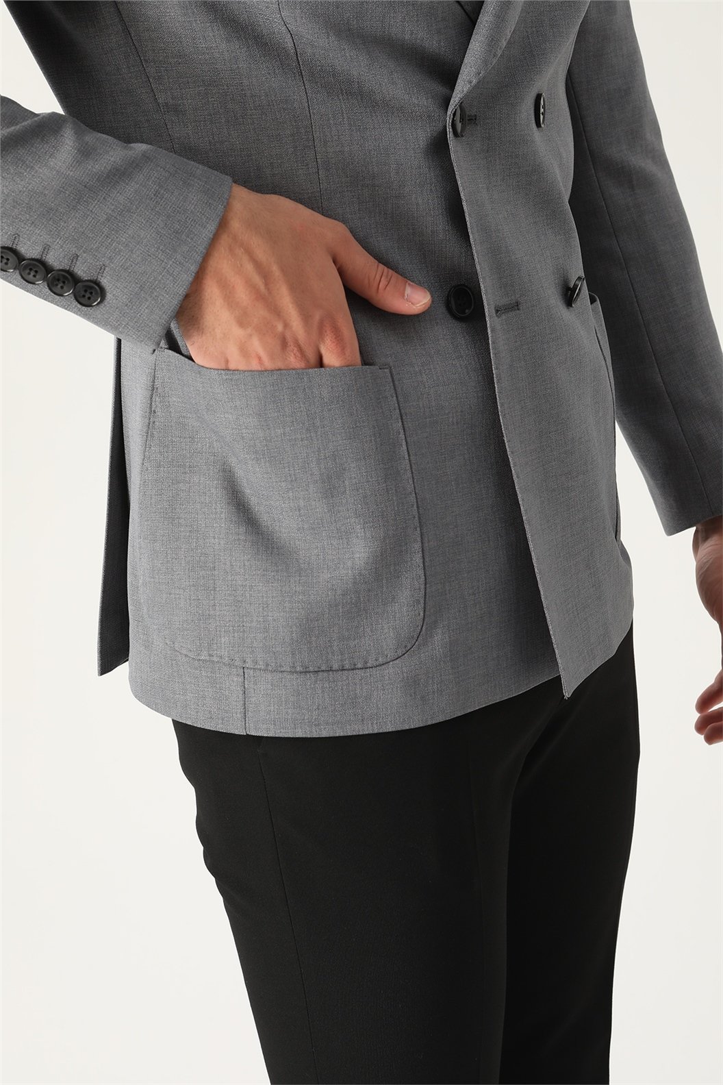 Gri Comfort Fit 6 Drop Kruvaze Ceket