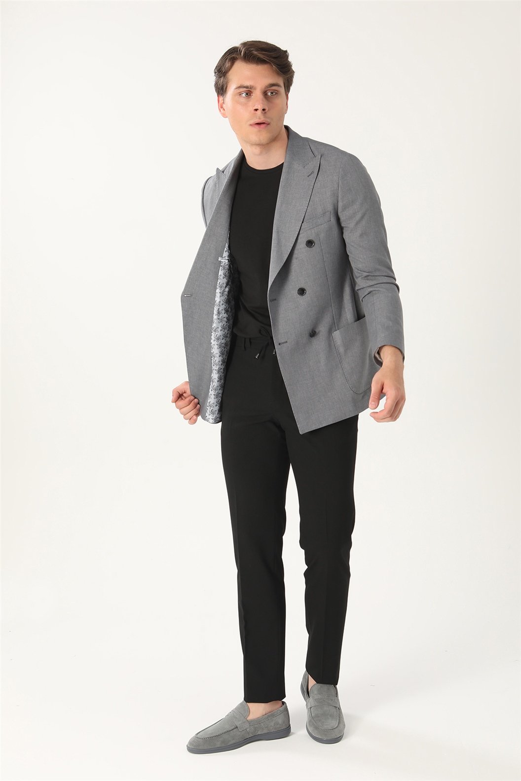 Gri Comfort Fit 6 Drop Kruvaze Ceket
