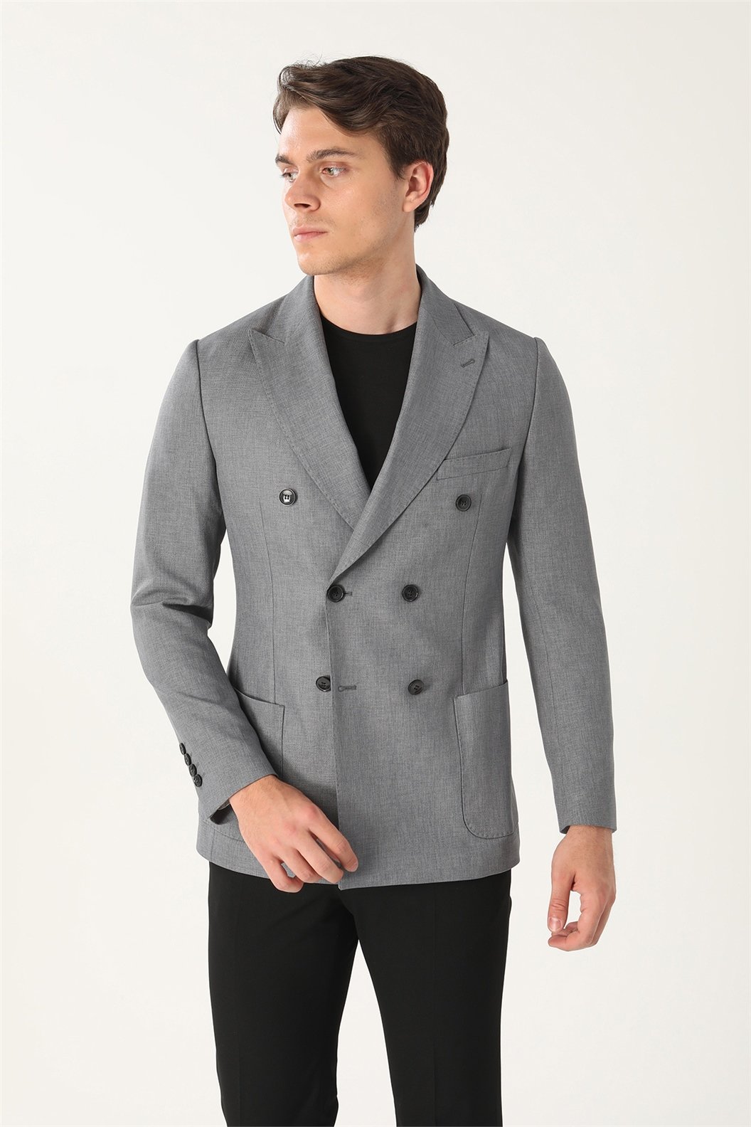 Gri Comfort Fit 6 Drop Kruvaze Ceket