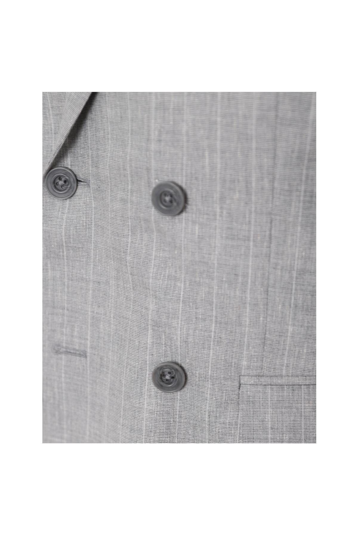 GRİ Comfort Fit , Keten , Kruvaze 6 Düğme , Çift Yırtmaçlı, Çizgili Takım Elbise